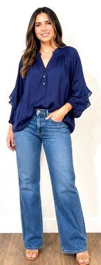 Lilly Pulitzer Elsa 100% Silk Top Navy Blue Ruffle Sleeve Smocked Blouse L